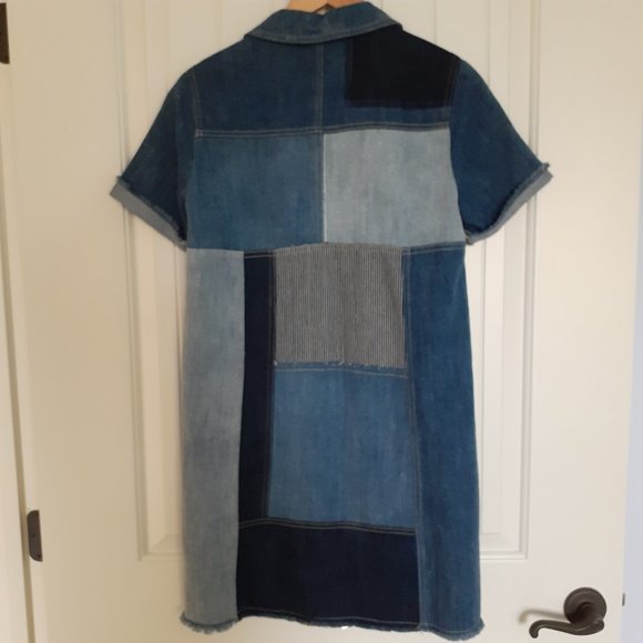 Holding Horses Denim Patchwork Short Sleeve Collar Shift Dress Blue Size 2 - Picture 2 of 15
